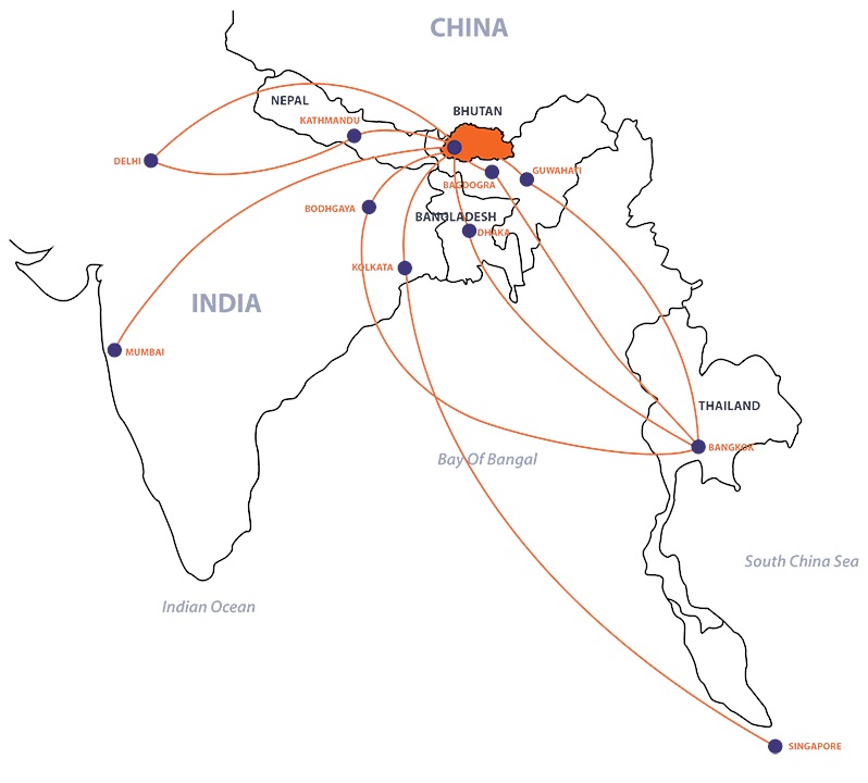 Map from entry ports in China, India, Nepal, Thailand and Singapore