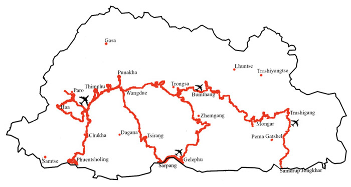Road Map of Bhutan
